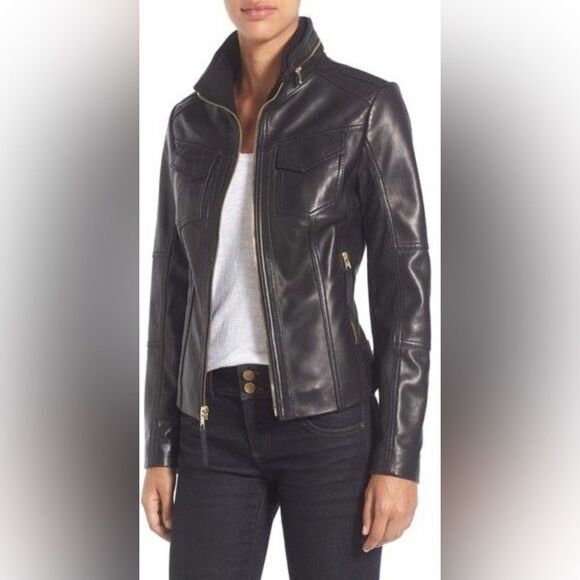 MICHAEL Michael Kors Leather Moto Jacket Front Zip Leather Jacket - Picture 4 of 15